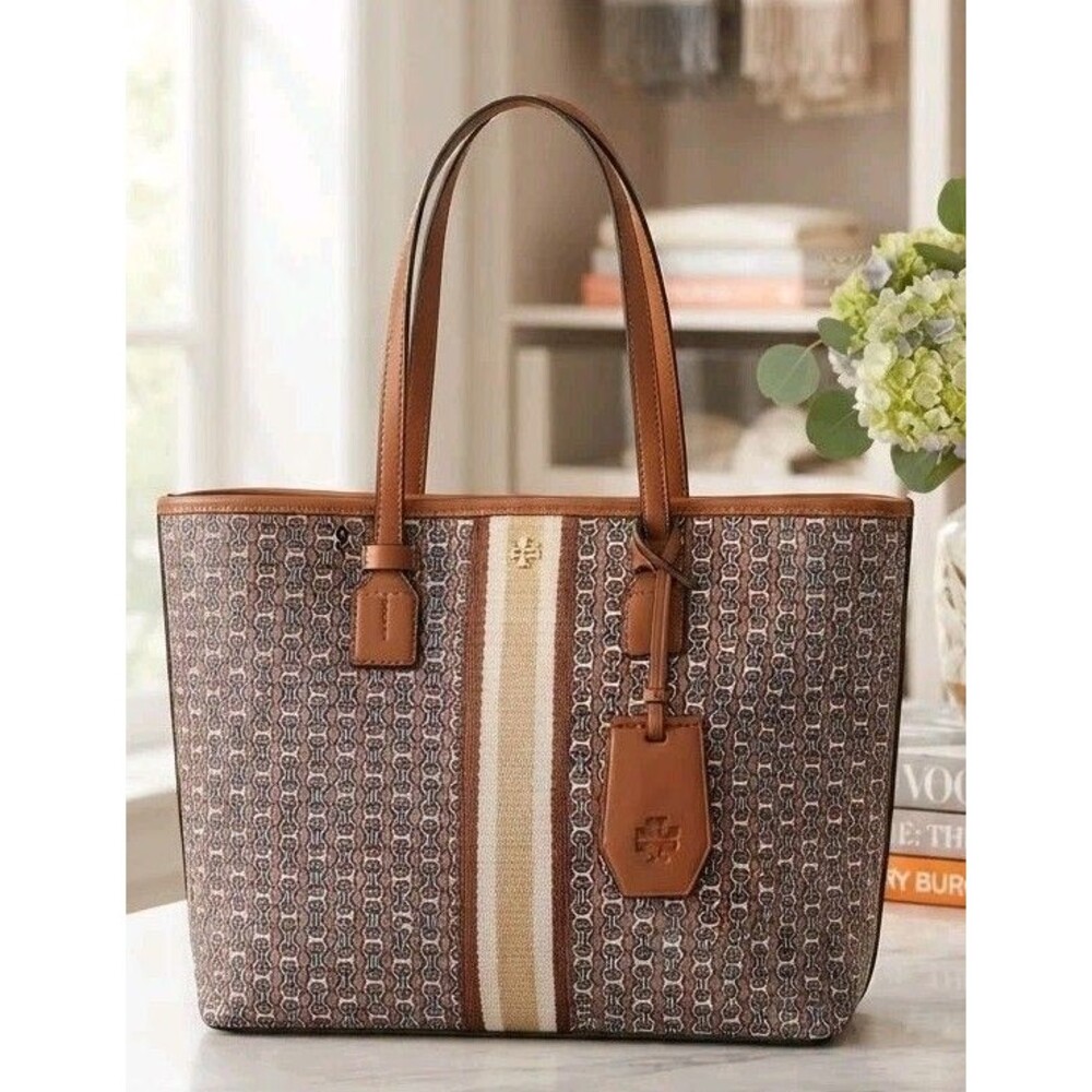 Tory Burch Gemini Link Canvas Tote Bag Brown White Chain Print Shoulder Bag